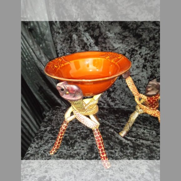 Lot 3 Vintage Carved Wood Bowl Stand Braided Intertwined African Elephant - Picture 2 of 11